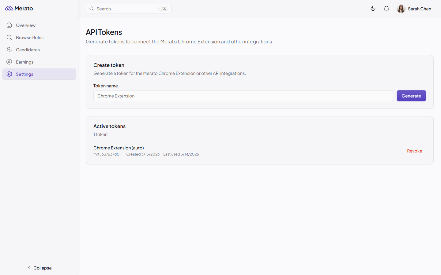API Tokens settings page showing token generation interface with name, expiration, and scope fields