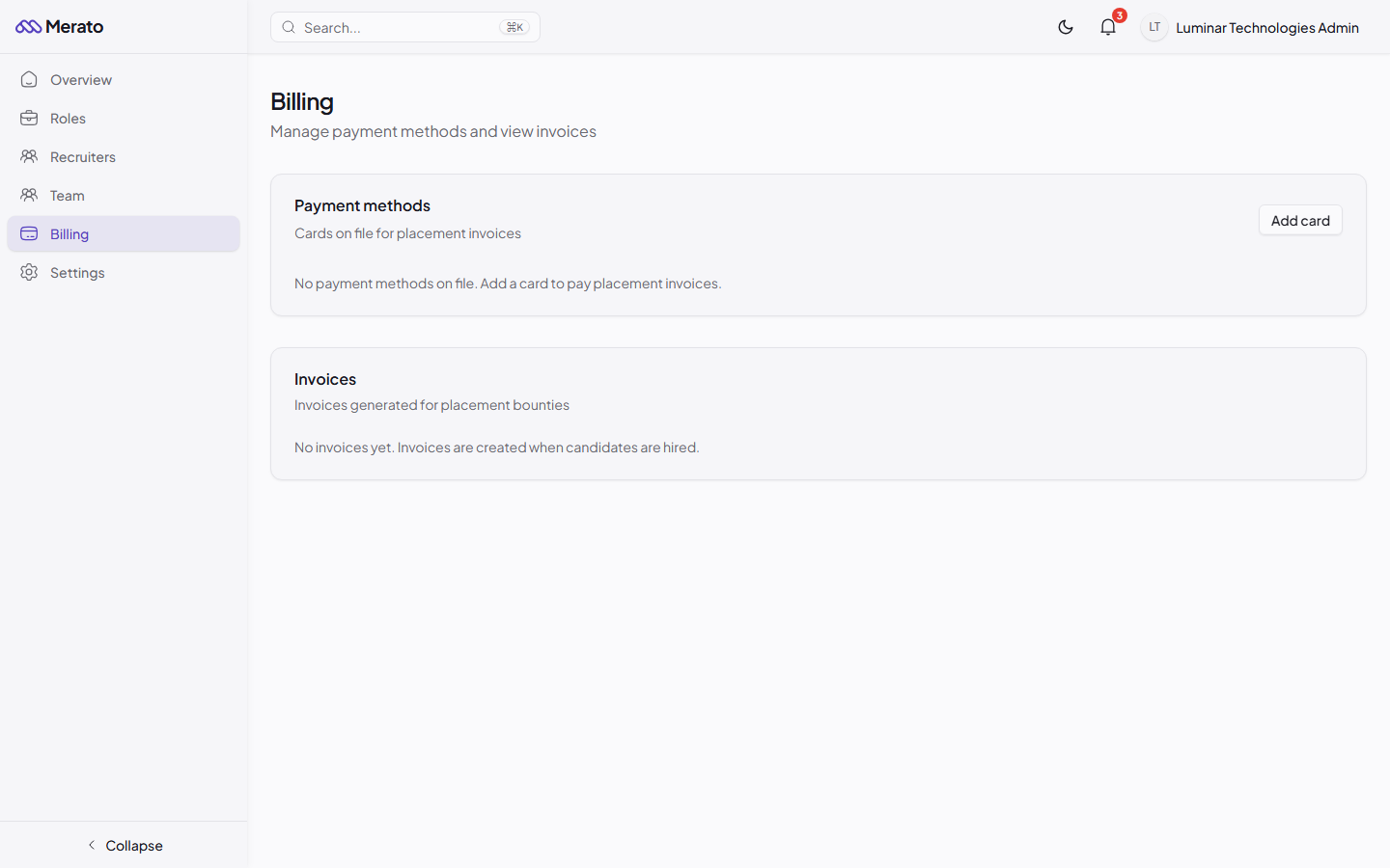 Company billing page showing payment methods, invoice history with status badges, and transaction details