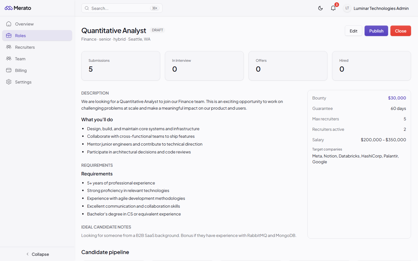 Role detail page showing submission stats, job description, requirements, bounty details, and candidate pipeline section