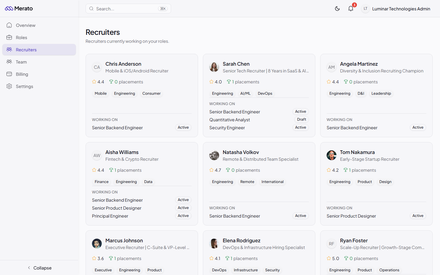 Recruiters page showing recruiter cards with ratings, placement counts, specialization badges, and active roles