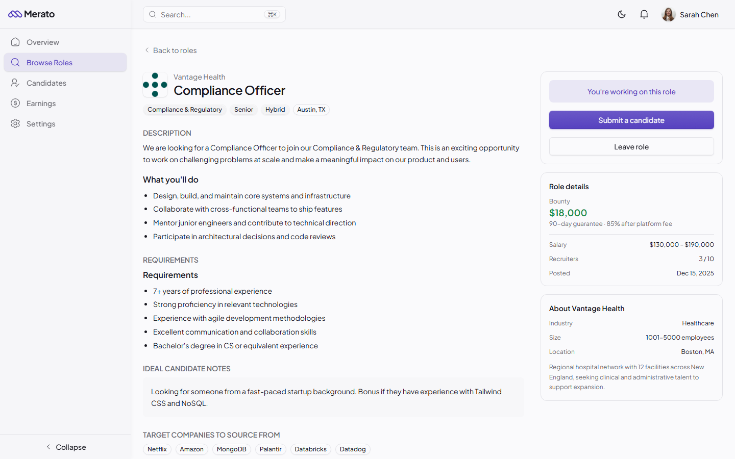 Joined role detail page showing additional information like ideal candidate notes and target companies