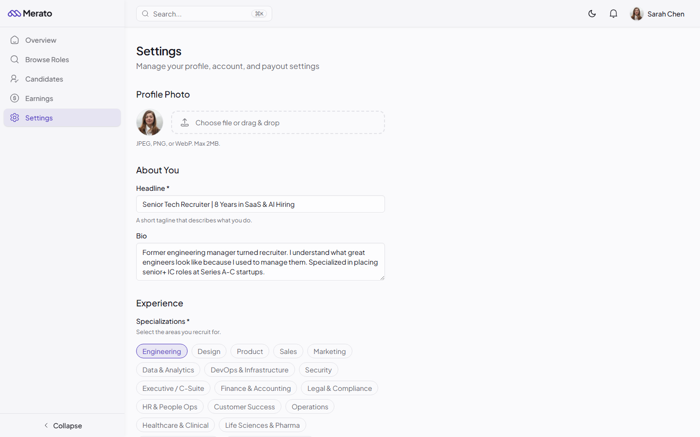 Recruiter settings page with Stripe Connect section showing connection status