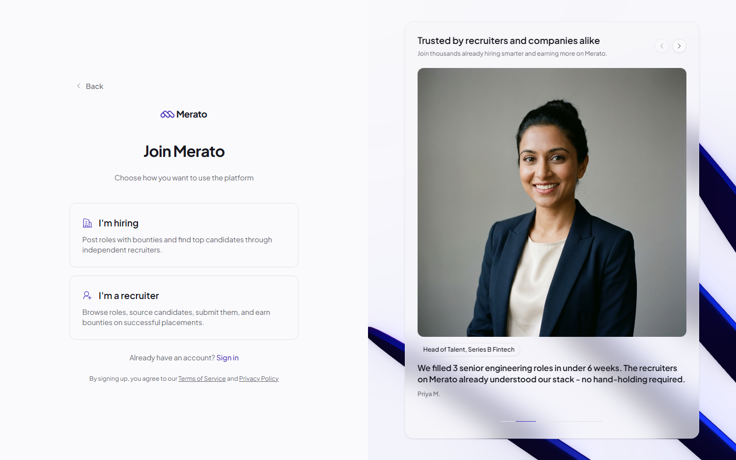 Merato registration page with options to sign up as a Company or Recruiter