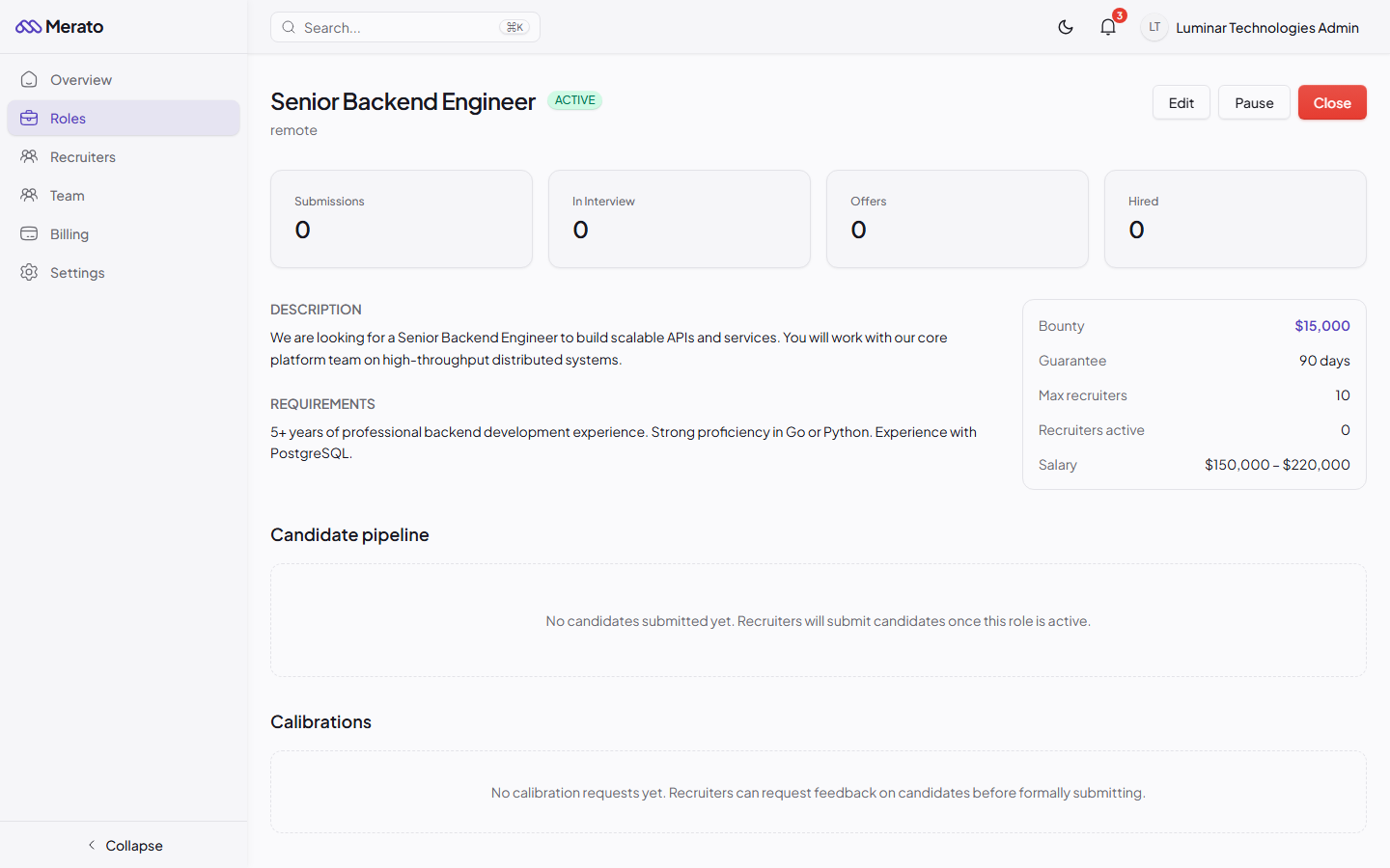 Role detail page showing status badge, description, requirements, bounty sidebar, and candidate pipeline