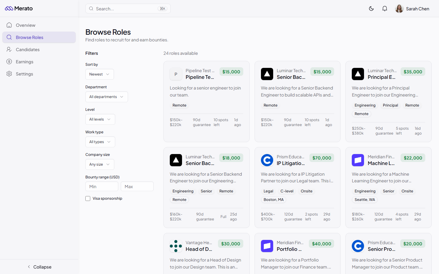 Browse Roles page showing filter sidebar with department, level, work type, company size, and bounty range options, alongside a grid of role cards with bounty amounts