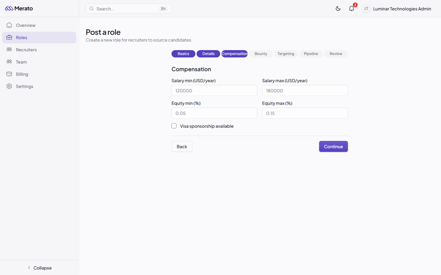 Role creation Compensation step showing salary range, equity, and visa sponsorship fields