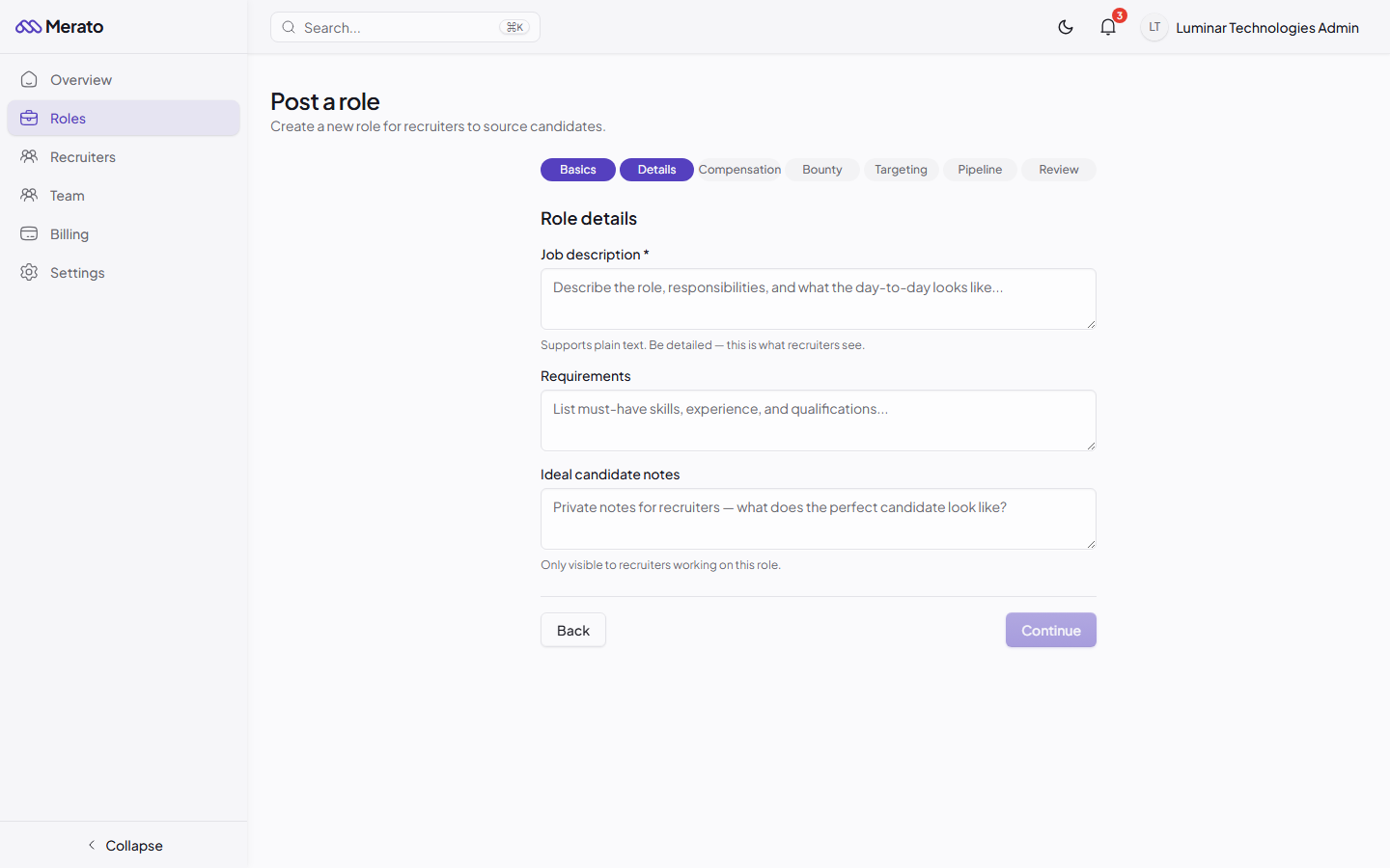 Role creation Details step showing description editor and requirements fields