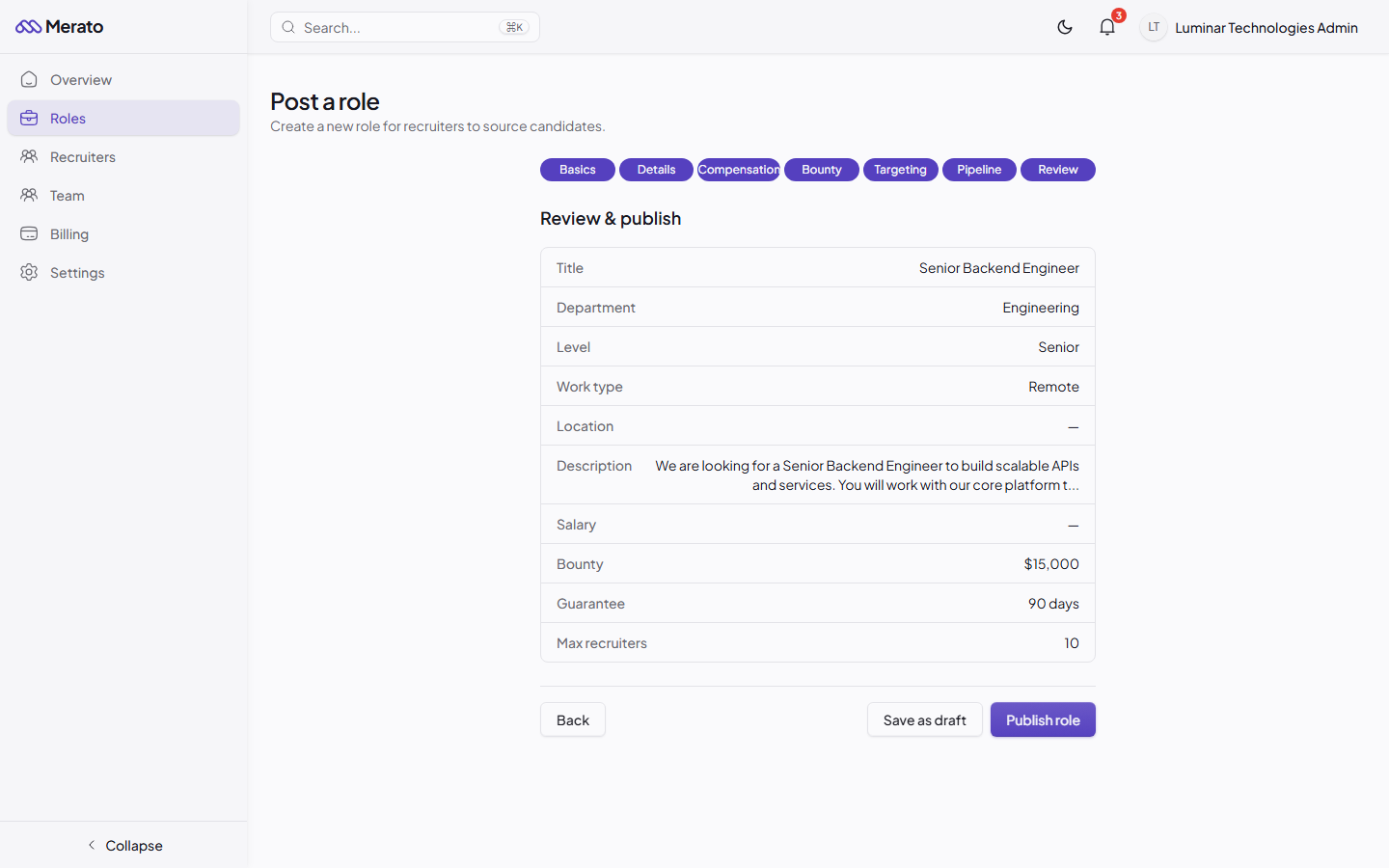 Role creation Review step showing a summary of all role details before publishing