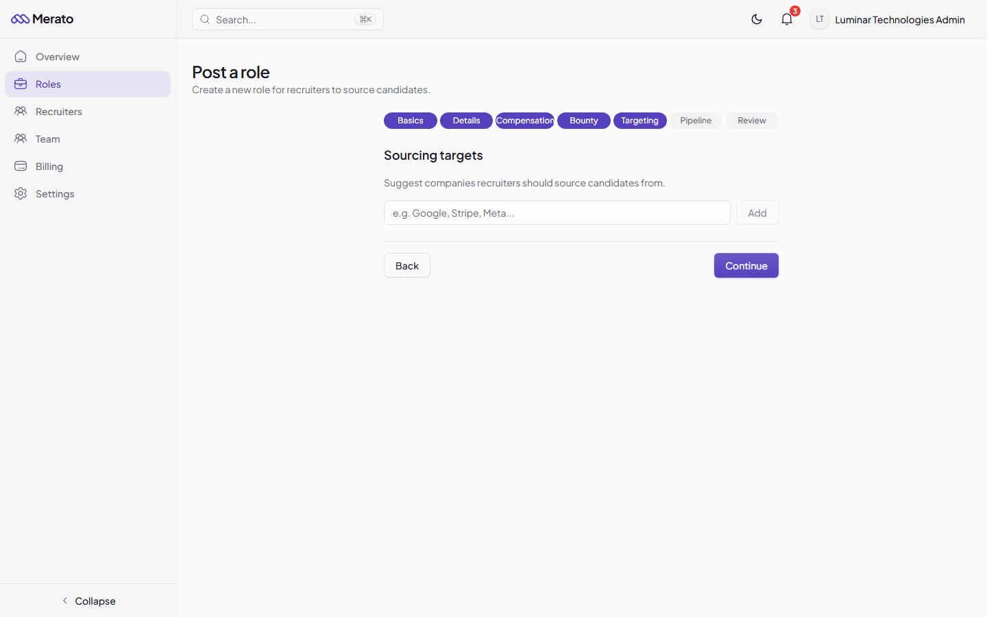 Role creation Targeting step showing target companies and max recruiters fields